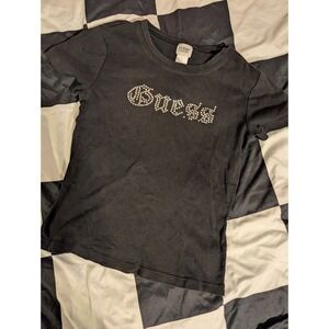 GUESS by Marciano Rhinestone Embellished Logo T Shirt Black Women's Size S